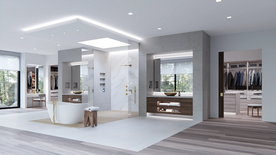 A luxury bathroom illuminated by Lutron lighting.