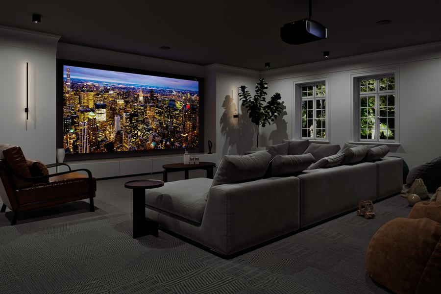 A high-end home theater with a Sony projector displaying a picture of a city landscape.